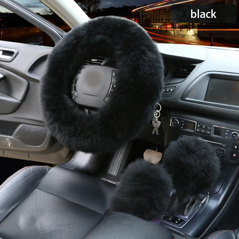 Black 3 шт. автомобиль из искусственной шерсти руль Зимний теплый плюшевый чехол крышка авто руль чехлы протектор Декор Аксессуары - Название цвета: Black