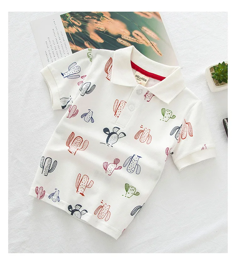 BOY'S Clothes with Short Sleeves New Style Cartoon Printed Casual Fold-down Collar White Background T-shirt CHILDREN'S Shor