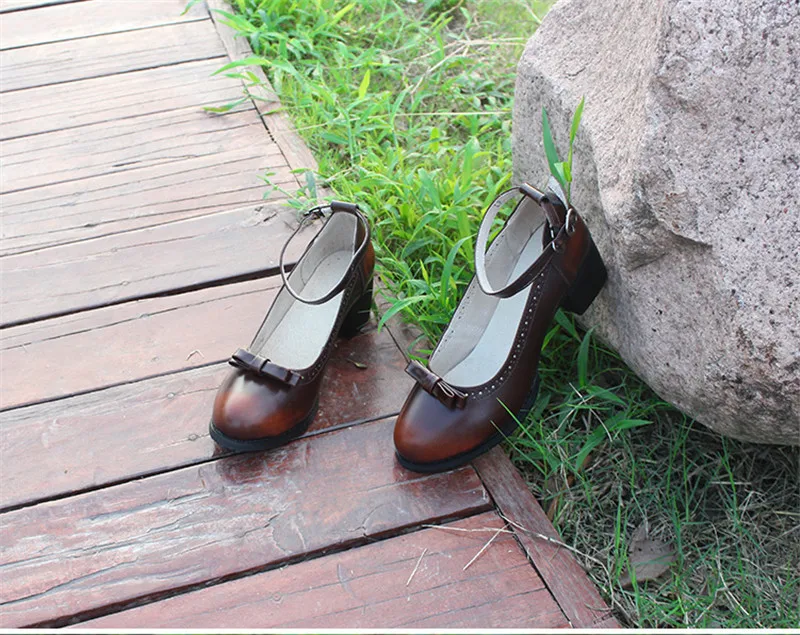 Japanese Buckle Strap Bow Women Oxford High Thick Heels Lolita Shoes British Genuine Leather Single Brogues Shoes Woman Size 43 (37)