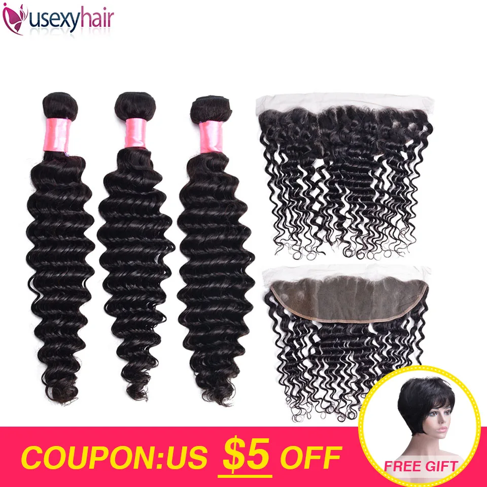 

Indian Deep Wave Lace Frontal Closure With Baby Hair Double Weft Non Remy Human Hair 3 Bundles Natural Color