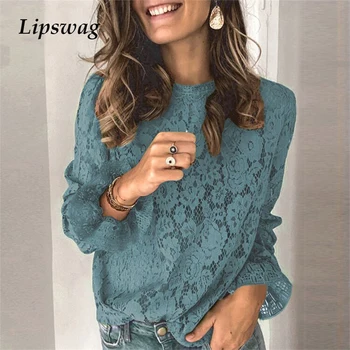 Spring Summer O Neck Floral Lace Shirt Female Elegant Flare Long Sleeve Blouse Shirts Sexy