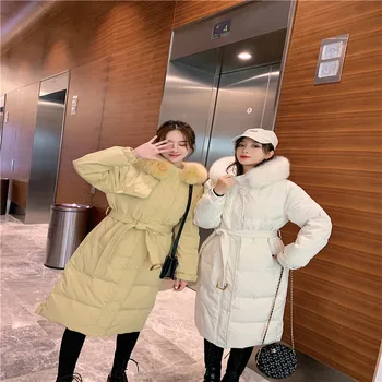 

2020 best selling women's real fox down jacket with big hair collar and medium length hooded slim coat