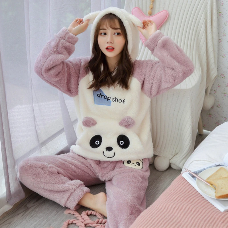 Cute Pajamas Set 2 Pieces Women Sleepwear Warm Winter Thick Coral Fleece Hooded Cartoon Girl Homewear Animal Pajamas