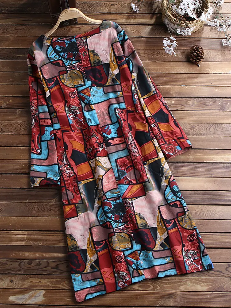 Amazon AliExpress Wish Women's Clothing Dress Summer 2019 Hemp Cotton Printed Long-Sleeve Loose And Plus-sized Dress