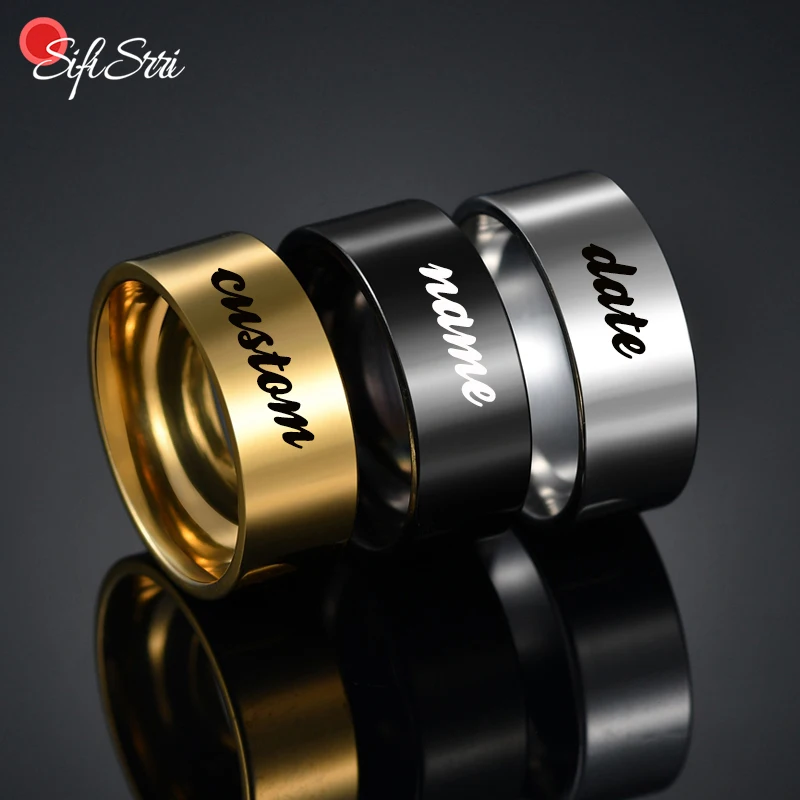 

Sifisrri 8mm Personalized Stainless Steel Engraved Name Couple Rings Women Men Wedding Band For Lovers Engagement Gift Anillos