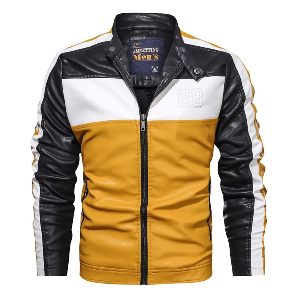 Yellow color Новинка, мужские кожаные куртки и пальто, Мужская мотоциклетная кожаная куртка, Повседневная приталенная брендовая одежда, пальто с воротником-стойкой, искусственная кожа, Зимняя - Цвет: Yellow color