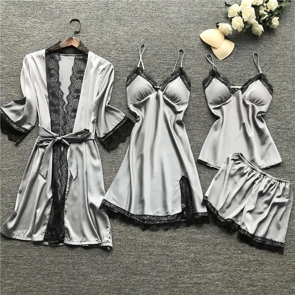 Сексуальный женский халат и платье, комплекты, кружевной Халат+ ночная сорочка, 4 штуки, пижама, Женский комплект для сна, искусственный шелк, женское белье - Цвет: Серый