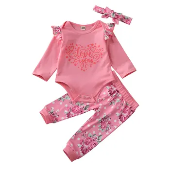 

Pudcoco Casual Valentine's Day Infant Baby Girl Clothes Set 2020 Kid Long Sleeves Flower Romper Pant Leggings Headband Outfit