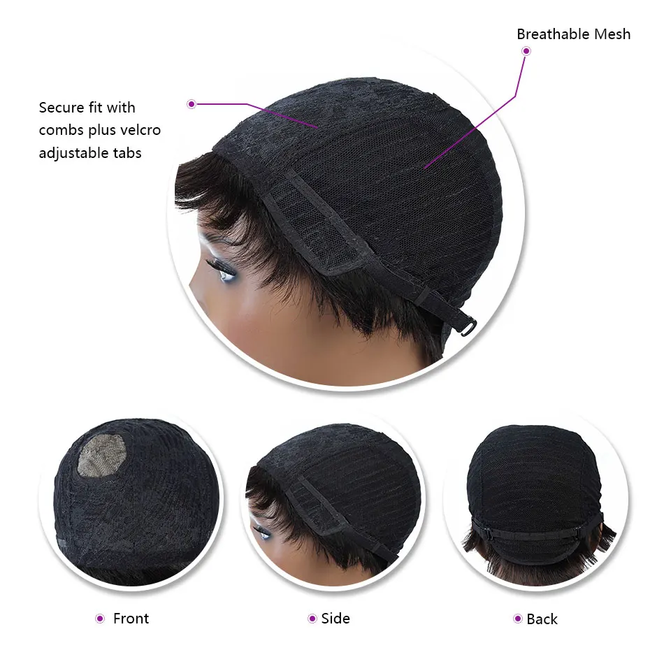perruque carr&eacute; court perruque cheveux humain Short Wig For Black Women Pixie Wig Machine Made Side Part Remy silk base mono top