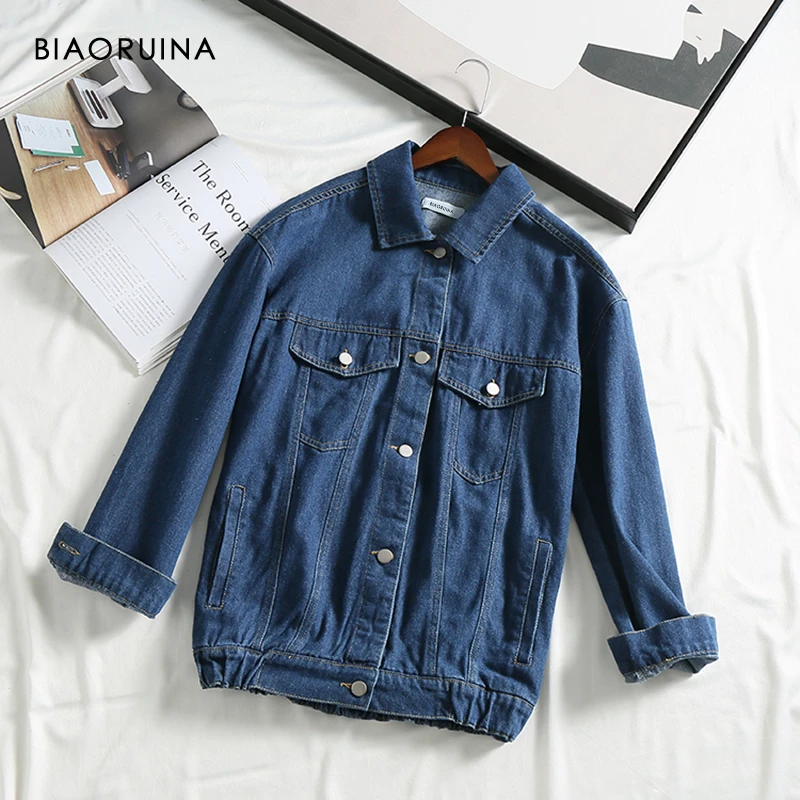 

BIAORUINA Women's Boyfriend Style Classic All-match Denim Jacket Female Loose Single Breasted Washing Casual Coat Streetwear