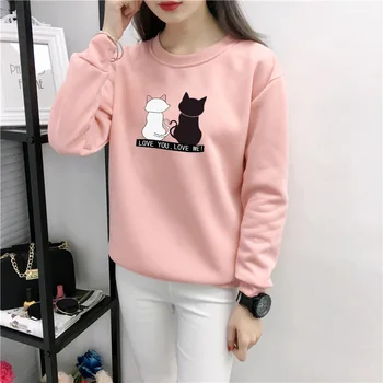 

Women Cats Printed Shirt Ladies Long-sleeved T-shirt Round-collar Loose Casual Large-size Pure-color Autumn and Winter T-shirt