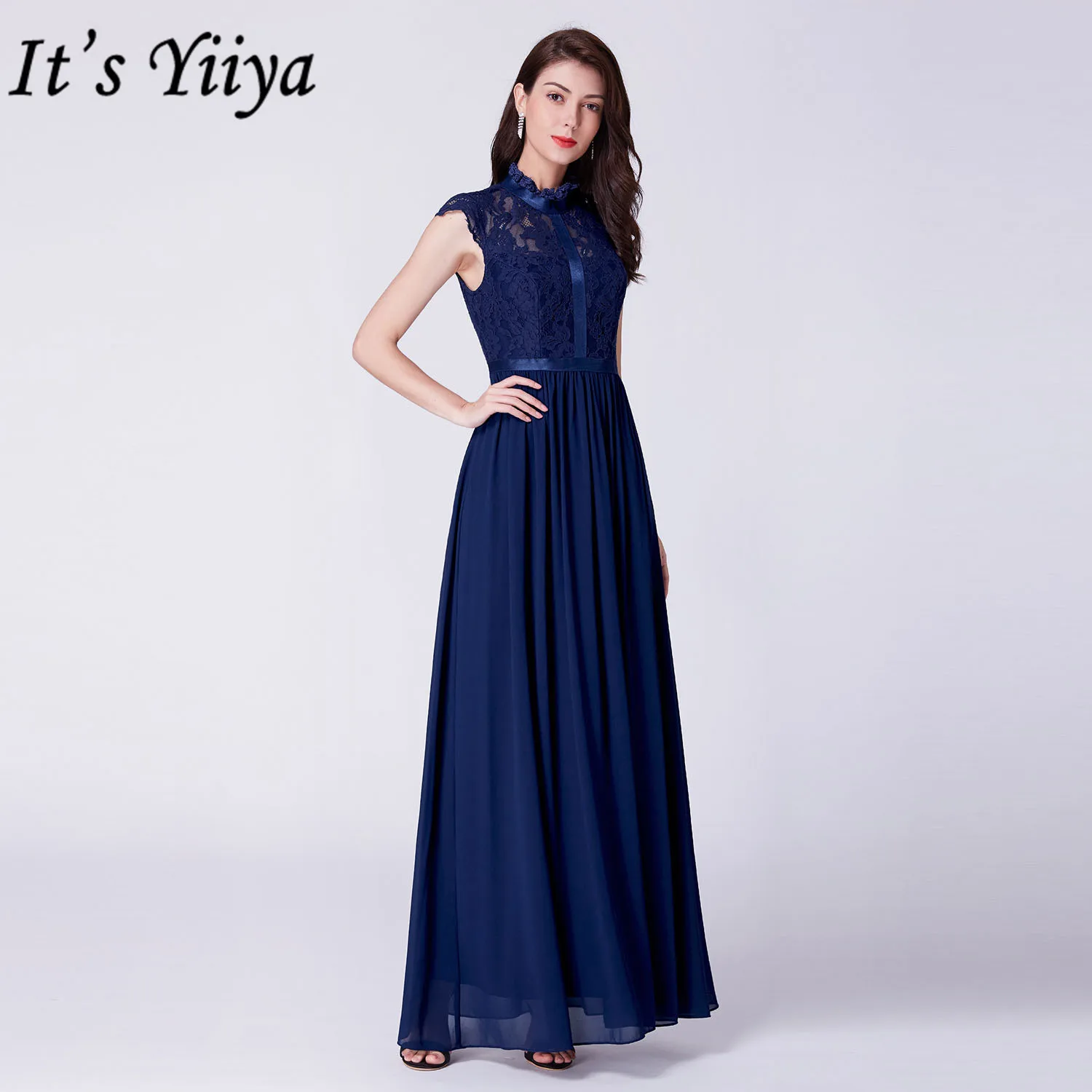 

It's Yiiya Evening Dress Hollow Lace Women Party Dresses High Collar Robe De Soiree Elegant A-line Long Evening Gowns C565