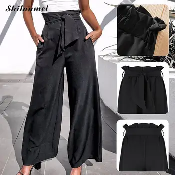 

Womens Ruffles Loose Pants High Waist Black Wide Leg Trousers Office Lady Elegant Belted Oants 2019 Autumn Street Fashion Pants
