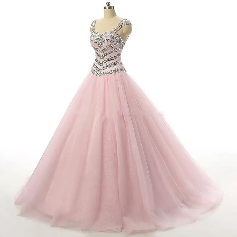 2016 cheaper Ball Gown Sweetheart Crystal Beaded Lace-up Tulle Pink Prom Gowns 2016 Real Sample evening Dresses Vestido De Noiva
