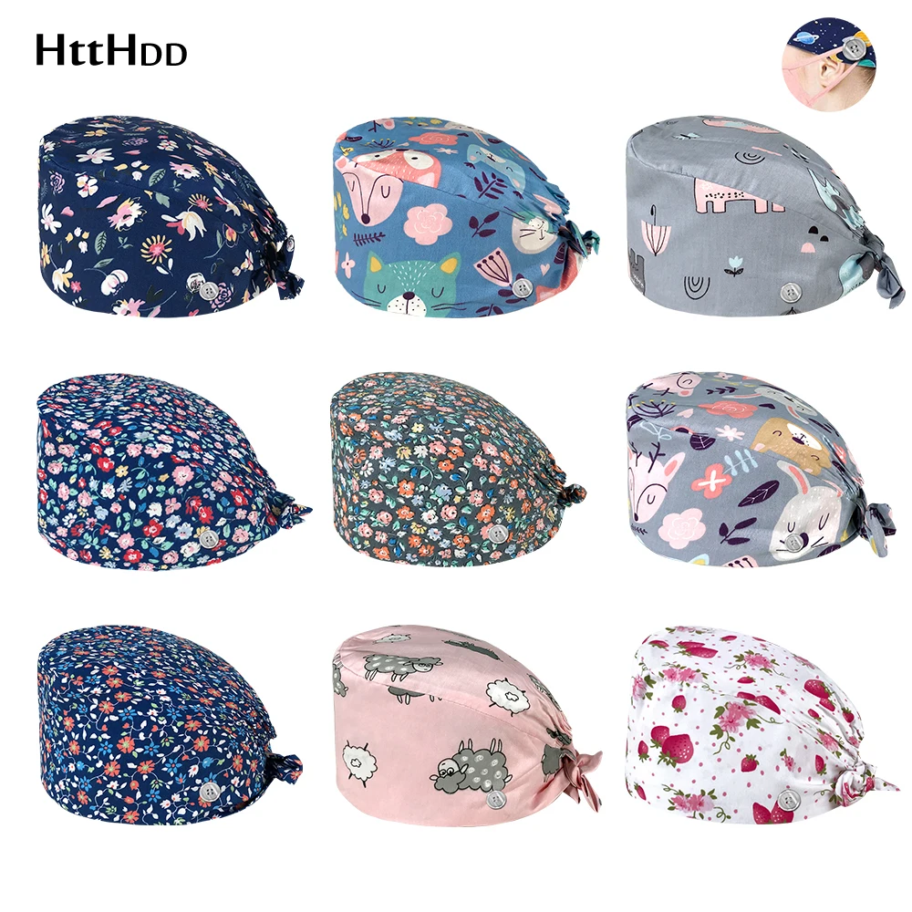 

HC2K12017wholesales weat-absorbent Buttons scrub hat Unisex Pet grooming hat printing Cap Women and Men Cleaning scrub caps