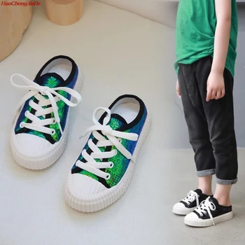 

Spring New Fashion Children's Sequins White Shoes Kids Lace-up Flat Sneakers Child Striped PU Shoes For School Party