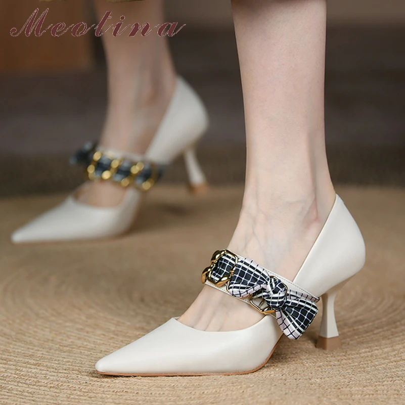 

Meotina Women Mary Janes Shoes Genuine Leather SheepSkin Thin High Heels Shoes Bow Chain Ladies Footwear Spring Autumn Beige