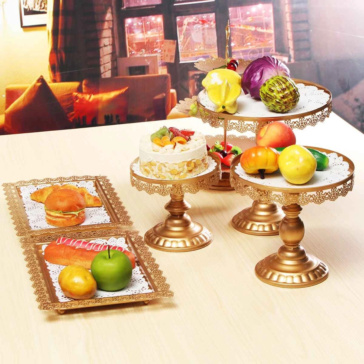 7pcs/set Iron Cake Stands Wedding Decorating Tools Moulds Cake Tray Rack Pan High Foot European Snack Rack Pastry Plate