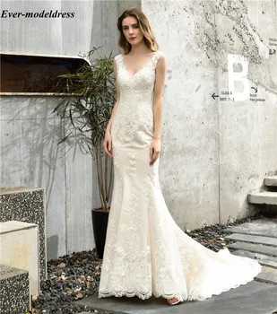

Vestido De Novia Lace Mermaid Wedding Dresses V-Neck Sleeveless Buttons Back Boho Country Mariage Gowns For Bridal Court Train