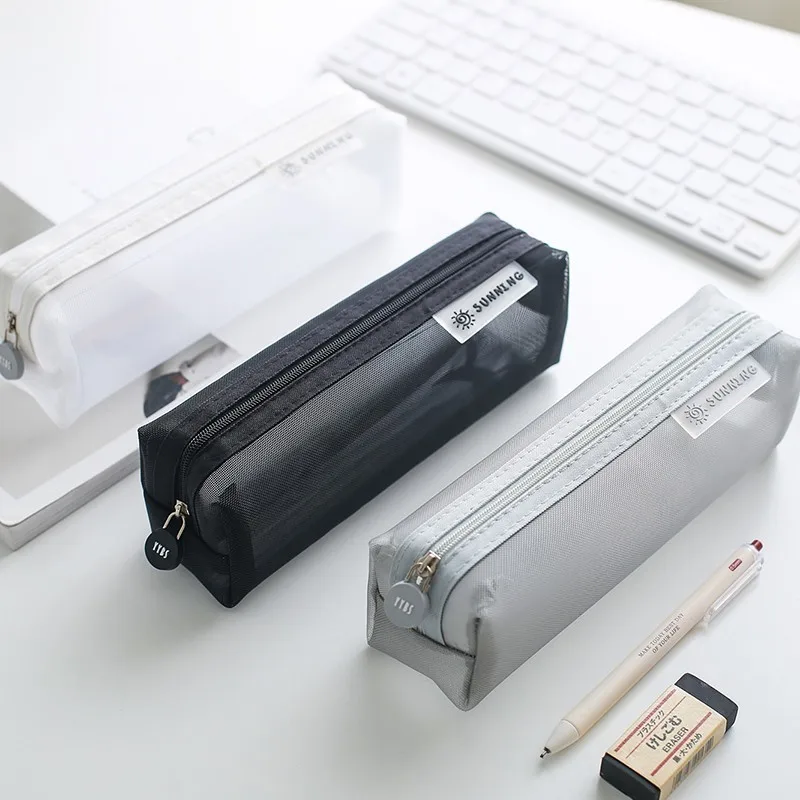 

Transparent grid student stationery box pencil bag storage box cute solid color stationery bag nylon net stationery box 05170