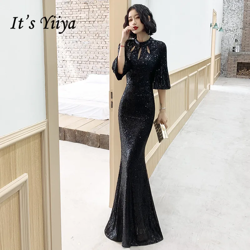 

It's Yiiya Evening Dresses For Girls Black Sequined Shining Ruffles Half Sleeve Formal Dress O Neck Mermaid Evening Gowns K078