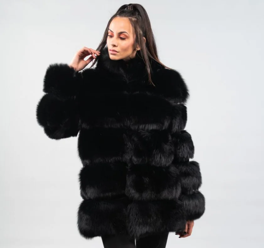 Черный Лидер продаж lastest дизайн натуральный цвет Стильный Instarfashion натуральный Лисий мех пальто с капюшоном верхняя одежда - Цвет: Черный