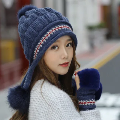 Теплый лыжный бренд для девочек с помпонами из кроличьего меха, теплые перчатки+ вязаная шапка, зимняя женская шерстяная Круглая Шапочка, шапка, толстая женская шапка - Цвет: Navy