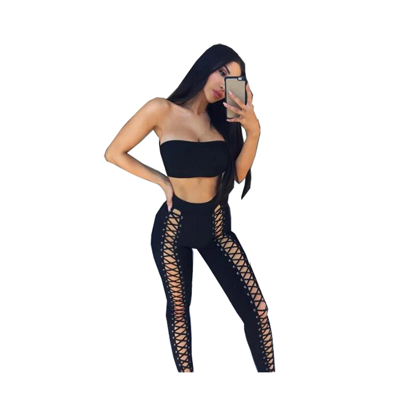 

BAMBOOBOY Women Sexy 2 Piece Set Strapless Hollow Out pant Bandage Set Club Wear FC118