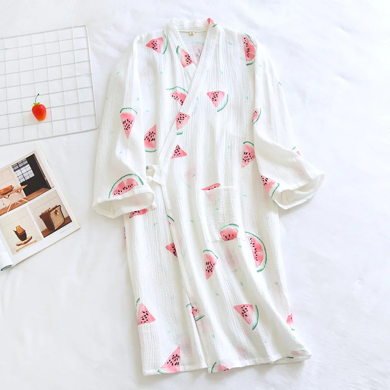 

Japanese Kimono Robes Three Quarter Sleeve Bathrobe Summer Thin Cotton Double-layer Crepe Home Clothes Tricolor Long Robe