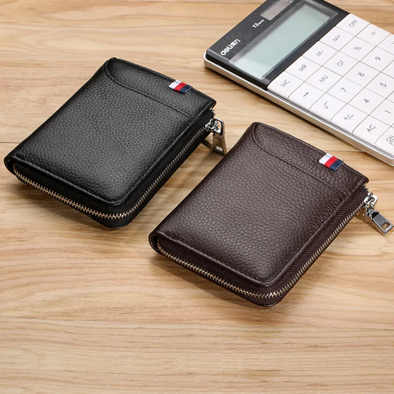 new rfid men's Genuine Leather wallet short wallet leather card bag anti-theft brush driving license wallet card holder