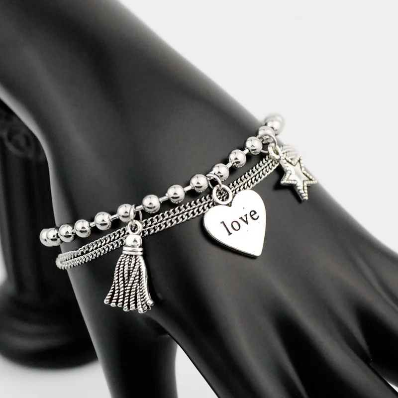 Adjustable Stainless Steel Chain Bracelet Women Layered Heart Tassel Pendant Men Jewelry Christmas Gift | Украшения и аксессуары