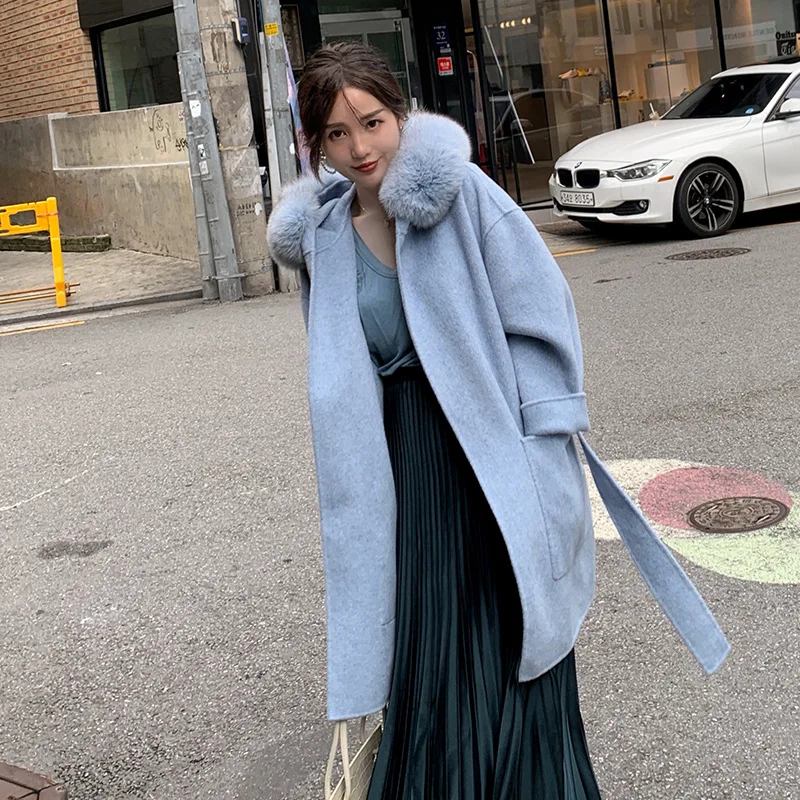 Women Fox Fur Collar Wool Coat Casual Winter Wool Jacket Woolen Overcoat Cashmere Coat loose Korean version Leisure coat