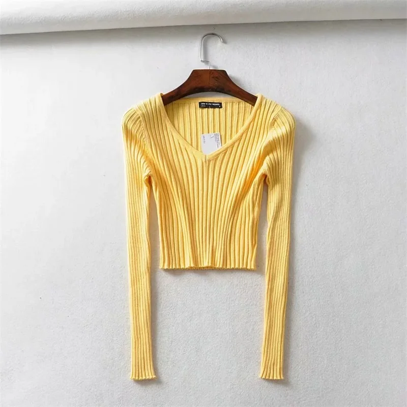 Женский короткий вязаный пуловер с v-образным вырезом, повседневный Укороченный джемпер - Цвет: yellow