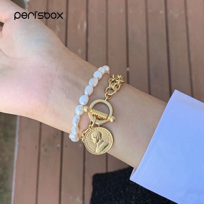 

Peri'sbox Chunky Chain Toggle Clasp Bracelet Matte Gold Portrait Bracelets Baroque Real Freshwater Pearl Bracelet for Women