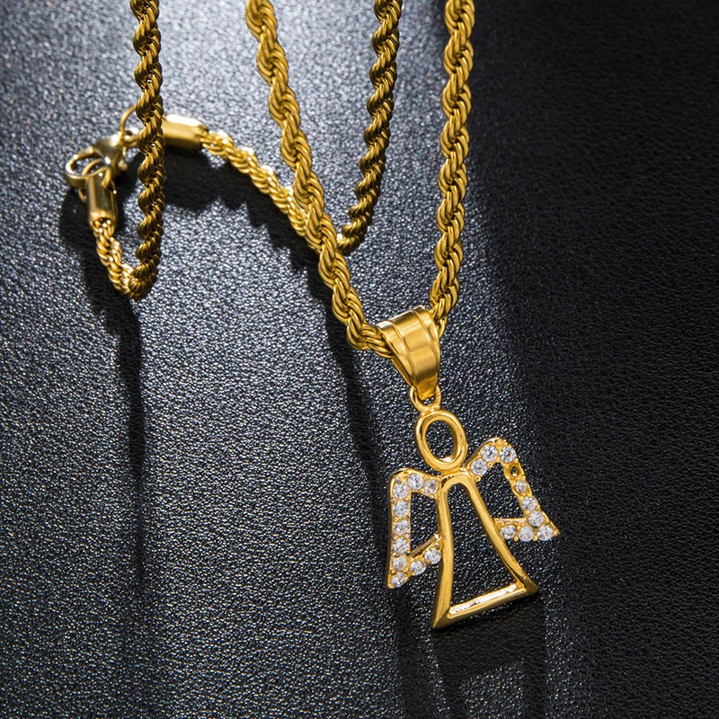 Bling Iced Out Angel ожерелье и кулоны проложили горный хрусталь кулон из нержавеющей стали цепь для женщин мужчин ювелирные изделия