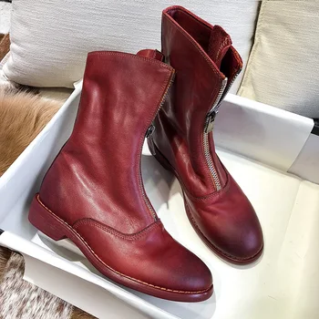 

Women Genuine Leather Motorcycle Boots Front Zipper Knight Snow Botas Woman Low Square Heel Martin Boots Winter Footwear Femme