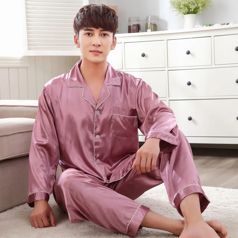 Man Pajamas Set 2pc Shirt Pants Sleepwear Spring Autumn Rayon Silk Nightgown Robe Size L-XXXL