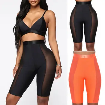 

2020 Womens Shorts Workout Thigh High Waist Mesh Leggings Solid Color Biker Shorts