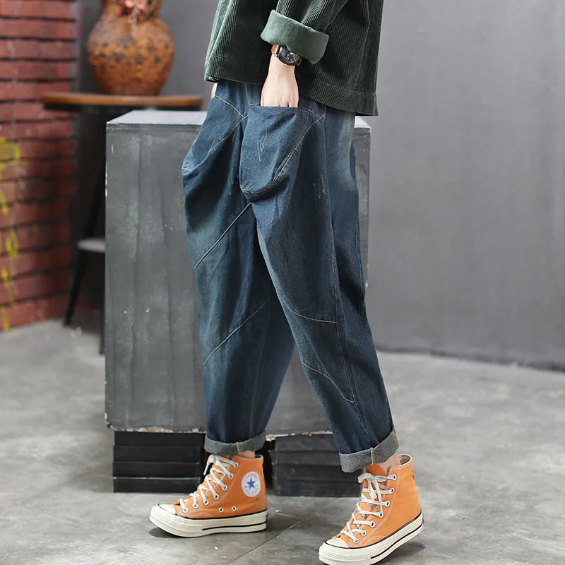Винтажные непромокаемые штаны, джинсы, брюки, осенние женские, для отдыха, большие, тонкие, Гарун, длинные штаны с карманами и эластичной резинкой на талии