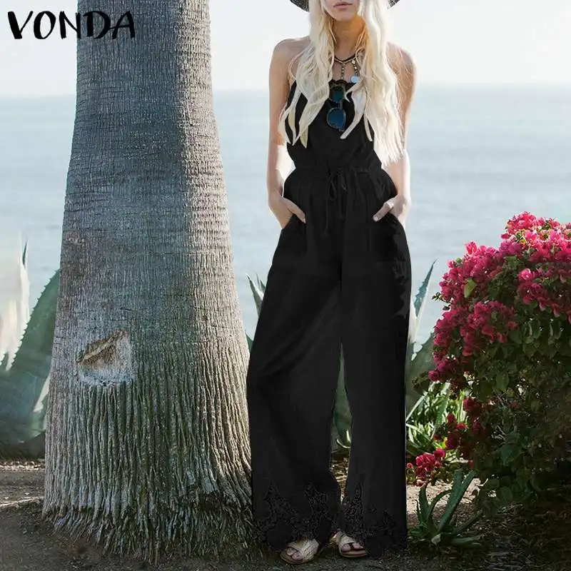 

Women Rompers VONDA Casual Lace Patchwork Cotton Halter Drawstring Waist Jumpsuits Loose OL Office Overalls Plus Size Playsuits