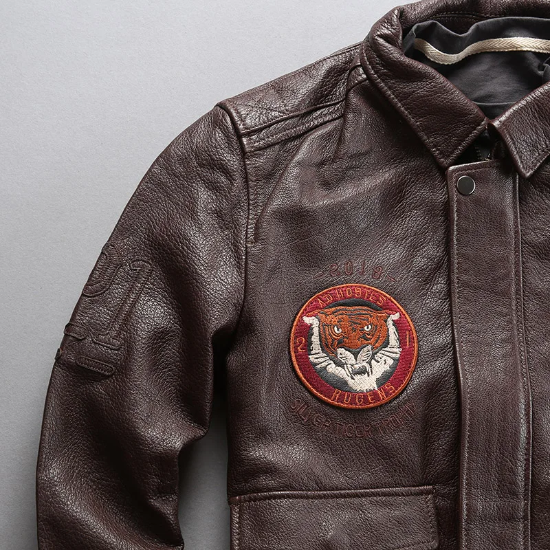 Male New Autumn Winter Sheepskin Jacket Big Size Tiger Embroidery Genuine Leather Warm Jacket Motorcycle Biker Vintage Coat