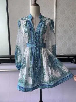 

2020 New Women Mini Dress Retro Print Long Sleeve Single-breasted Slim Waist V-neck Short Dresses