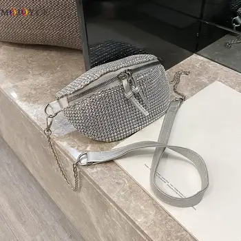 

Women 2020 Fanny Chest Bag Classic Texture Creative Design Chic Zipper Belt Money Purse Rhinestone Chain Crossbody Packs
