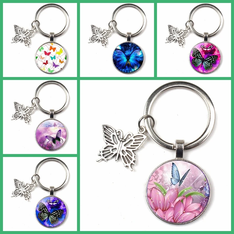 

New Creative Keychain Butterfly Flower Pattern Key Ring Glass Pendant Female Fashion Jewelry Quality Bag Car Charm Key Chain Kid