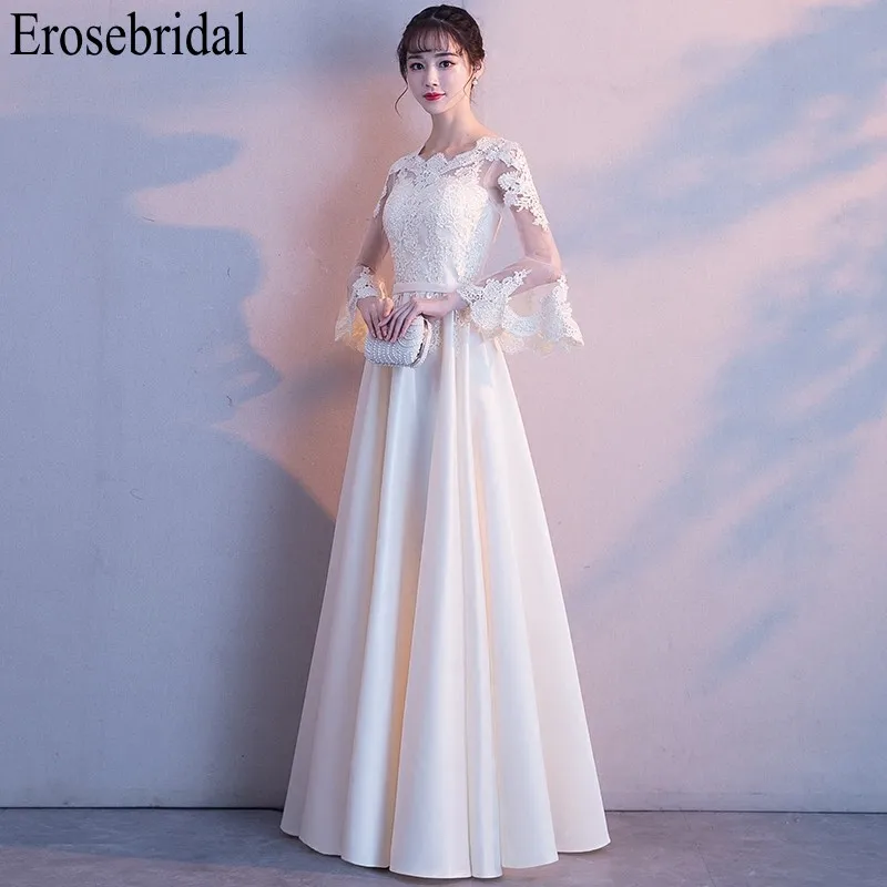 Erosebridal вечернее платье с длинными рукавами, длинное,, ТРАПЕЦИЕВИДНОЕ, атласное платье, вечернее, иллюзионное, сзади, вечерние платья для женщин, халат soiree