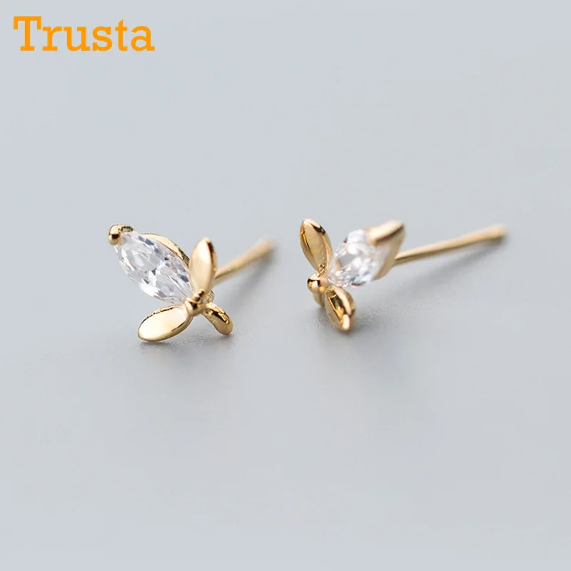 Trusta Настоящее Стерлинговое Серебро 925 пробы модные милые миниатюрные золотые серебряные CZ Листья 7 мм X 9 мм серьги-гвоздики подарок для женщин ювелирные изделия DS510