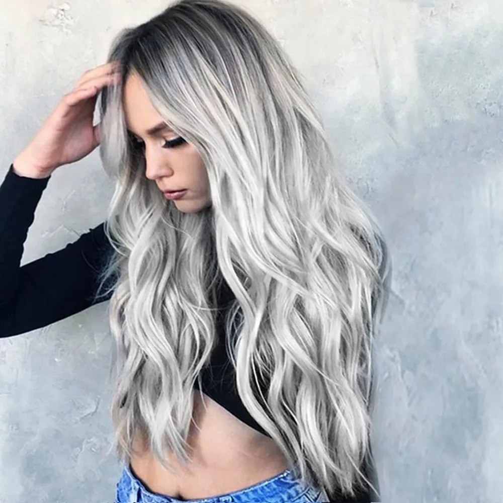 Парики из натуральных волос для девочек, сексуальные серые градиентные вечерние парики, длинные вьющиеся волосы, смешанные цвета, синтетический парик для женщин, афро-американский