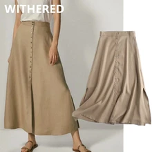 

Maxdutti faldas mujer moda 2021 england style retro single breasted A-line skirts womens linen high waist midi skirt women long