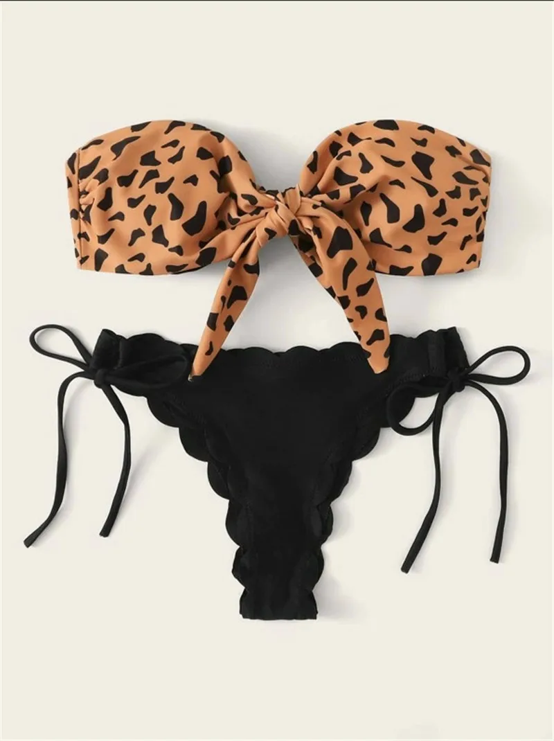 Sexy Front Lace Up Tie Strapless Leopard Swimsuit Female Push Up Ruffle Bow Bathing Suit Thong Swimwear