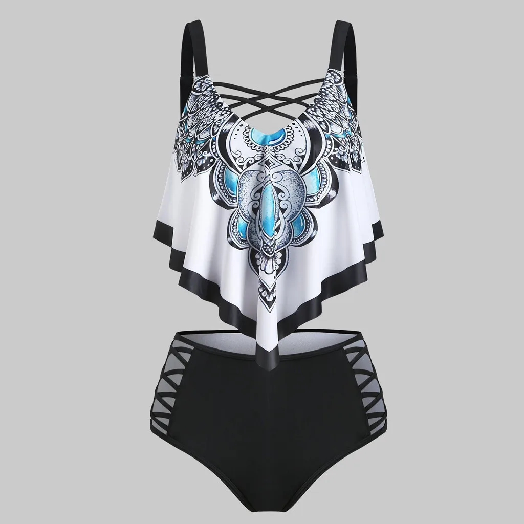 Women's Bohemian Bandage Printed Split Swimsuit Bikini Boh Summer Fashion Pushups Beach Covered Ruffled Crisscross Tankini 04* | Женская